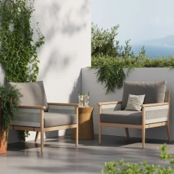 Outdoor Wood & Rope Patio Arm Chairs Medium Gray (Set of 2)