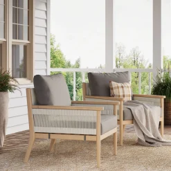 Outdoor Wood & Rope Patio Arm Chairs Medium Gray (Set of 2)