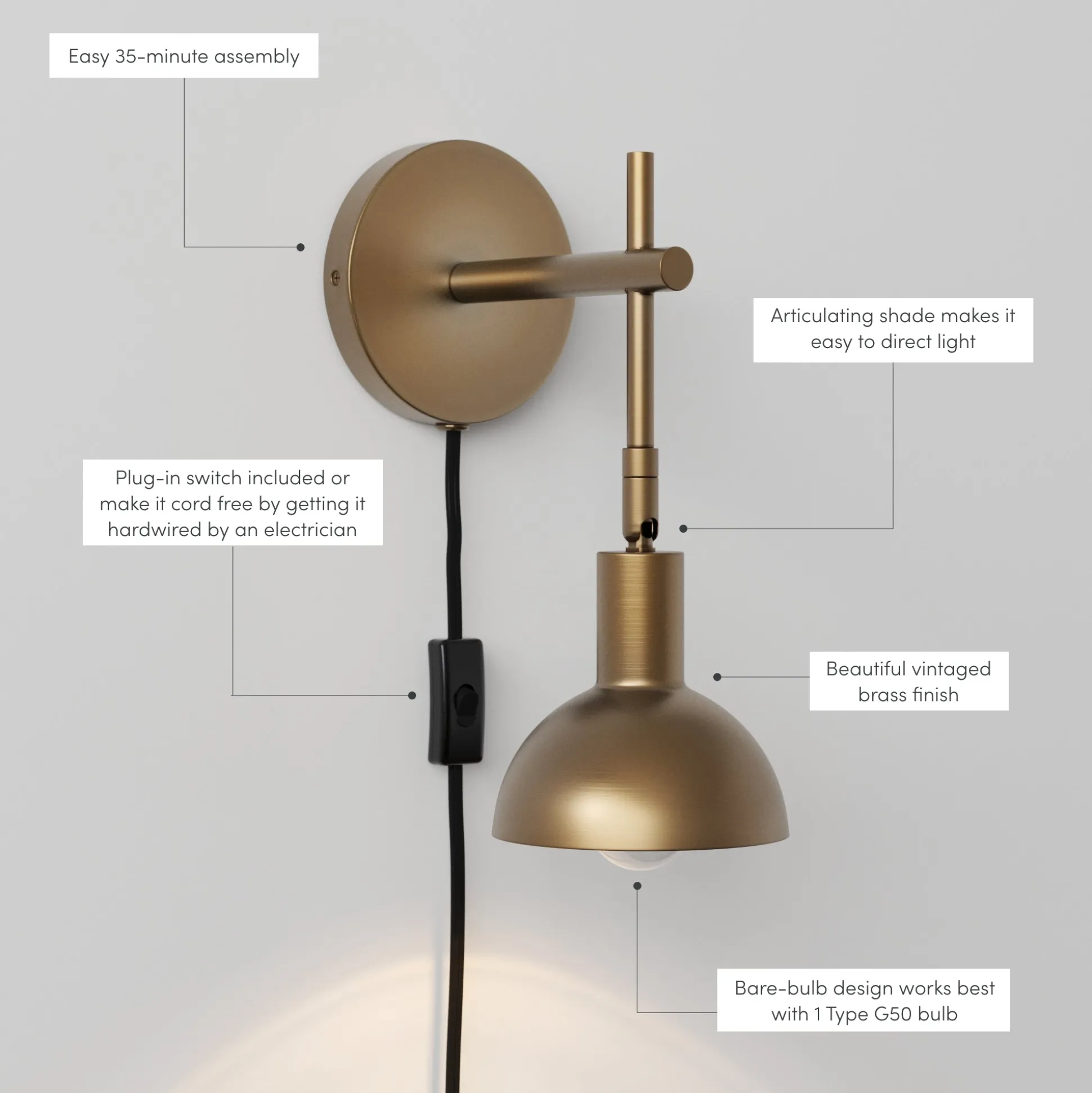 Plug-In Adjustable Metal Wall Light Brass