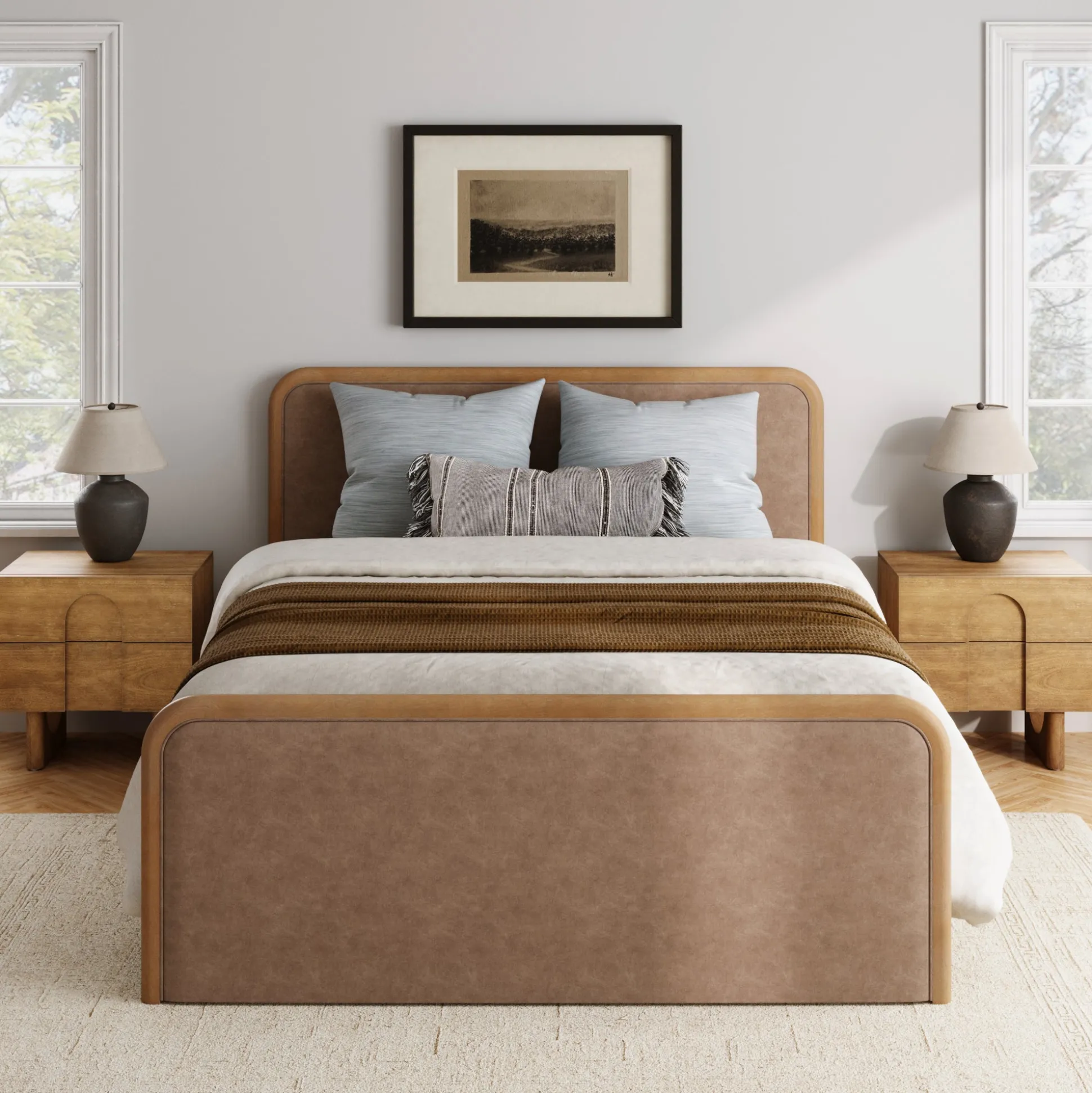 Queen Rounded Faux Leather Bed Frame with 2 Nightstands Light Brown