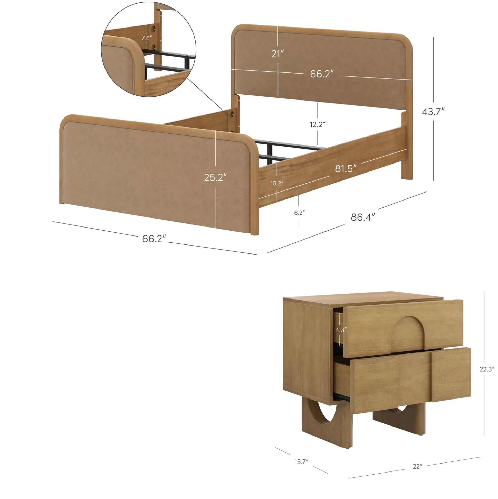 Queen Rounded Faux Leather Bed Frame with 2 Nightstands Light Brown