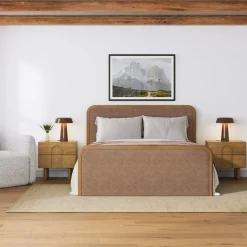 Queen Rounded Faux Leather Bed Frame with 2 Nightstands Light Brown