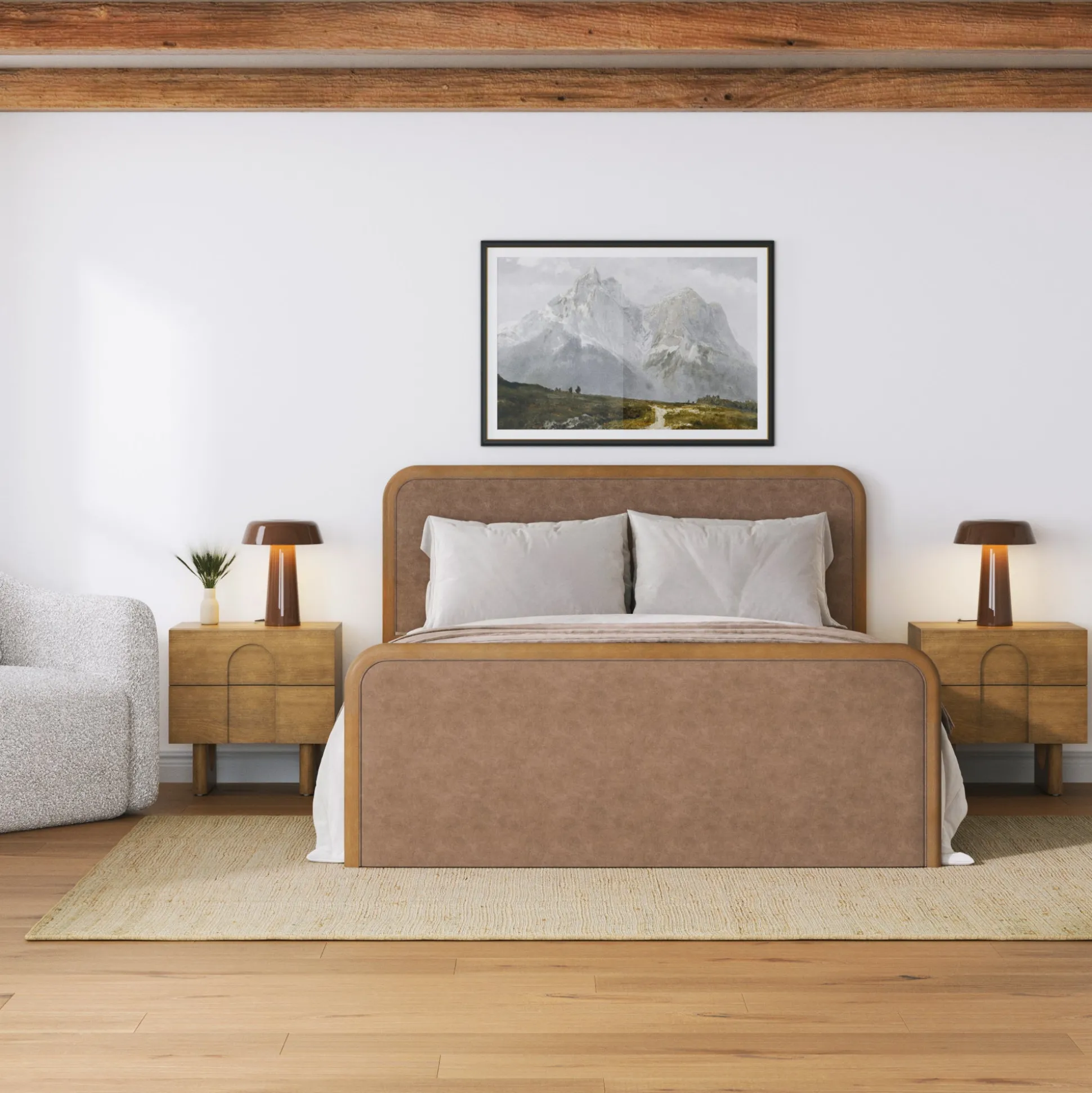 Queen Rounded Faux Leather Bed Frame with 2 Nightstands Light Brown