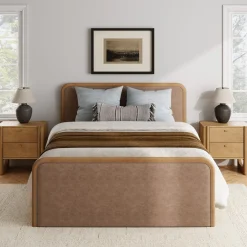 Queen Rounded Faux Leather Bed Frame with 2 Nightstands Light Brown
