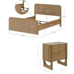 Queen Rounded Faux Leather Bed Frame with 2 Nightstands Light Brown