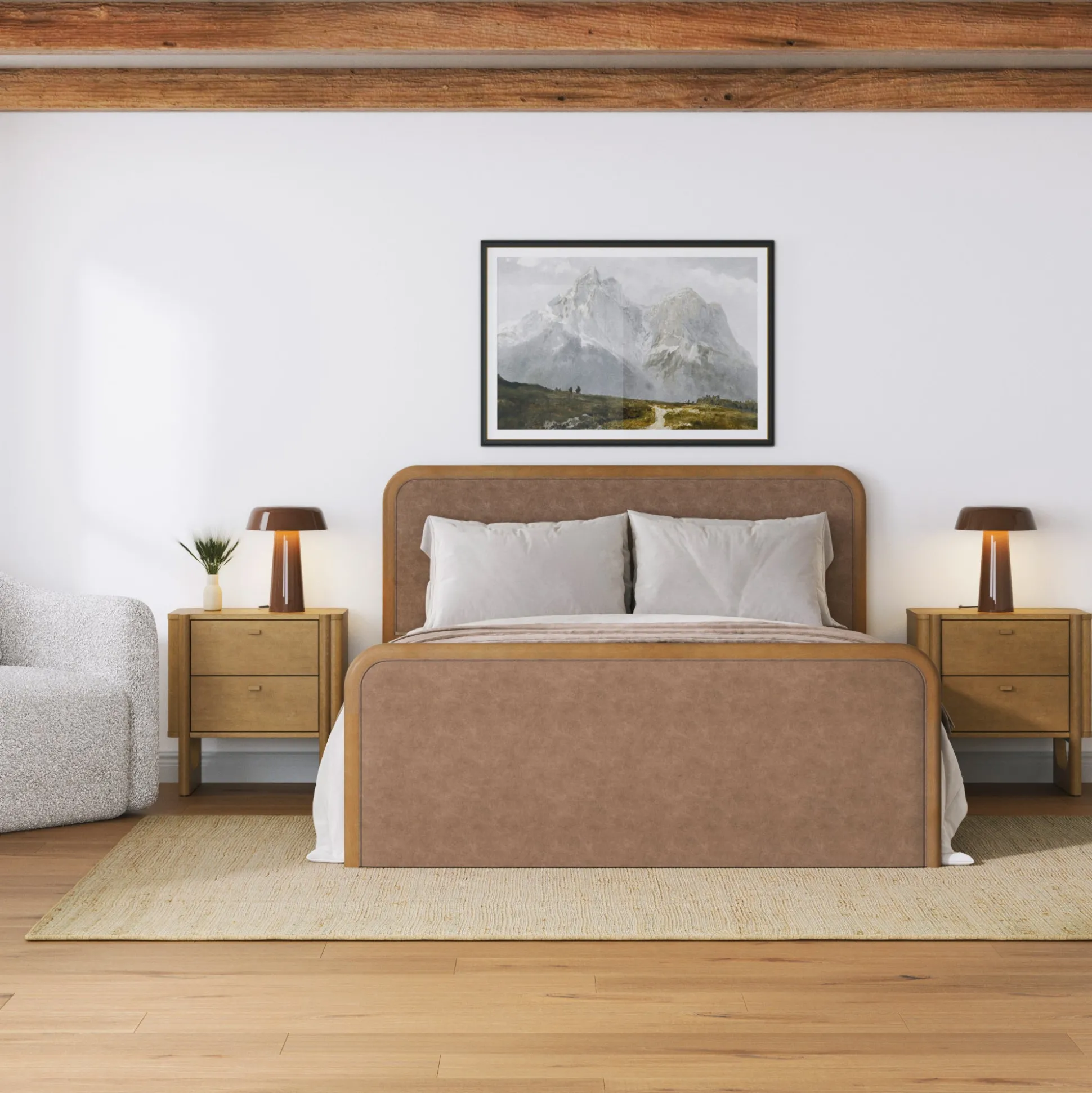 Queen Rounded Faux Leather Bed Frame with 2 Nightstands Light Brown