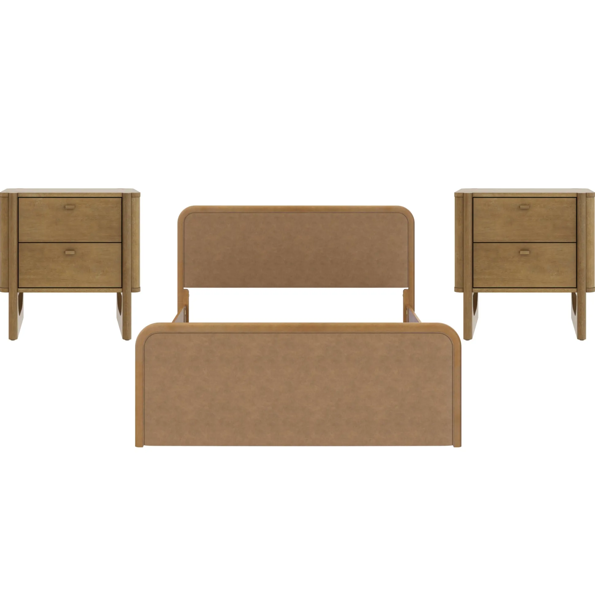 Queen Rounded Faux Leather Bed Frame with 2 Nightstands Light Brown