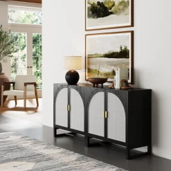 Rattan Arched Storage Cabinet Credenza Black (Set of 2)