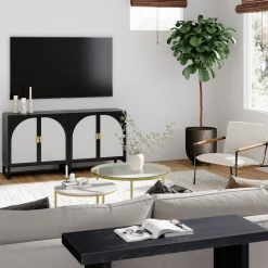 Rattan Arched Storage Cabinet Credenza Black (Set of 2)