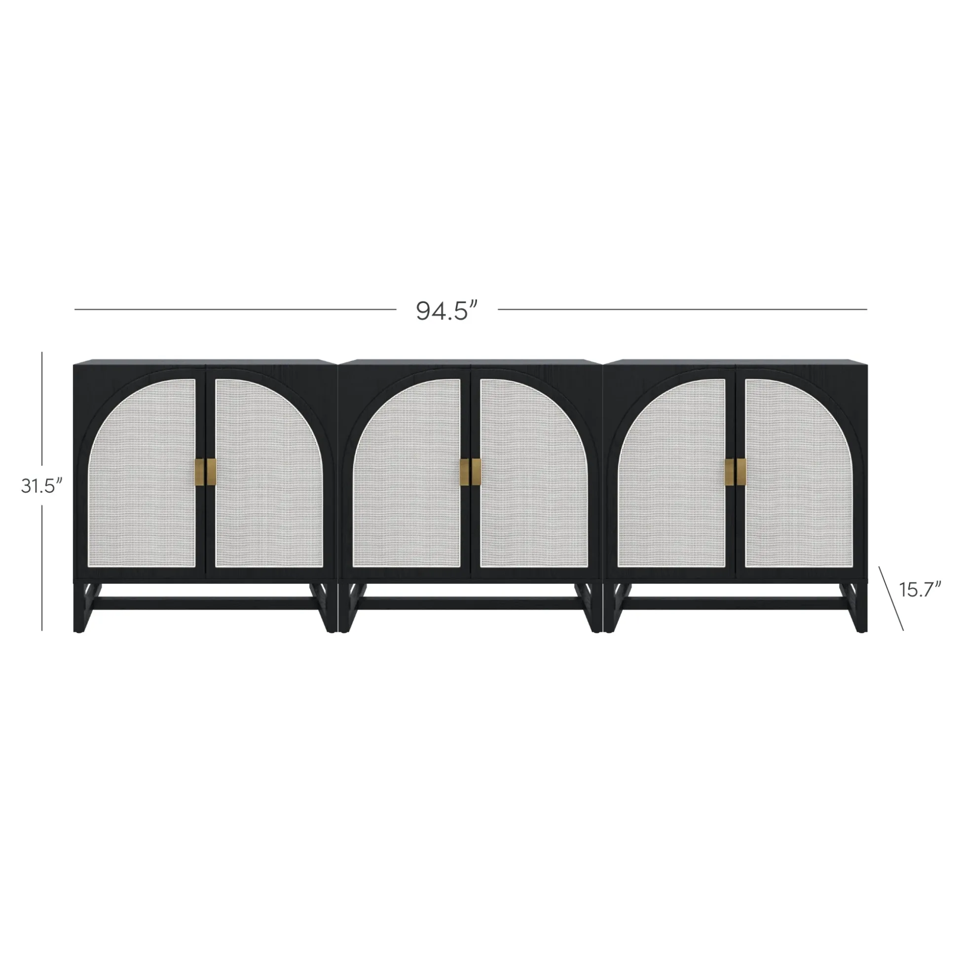 Rattan Arched Storage Cabinet Credenza Black (Set of 3)