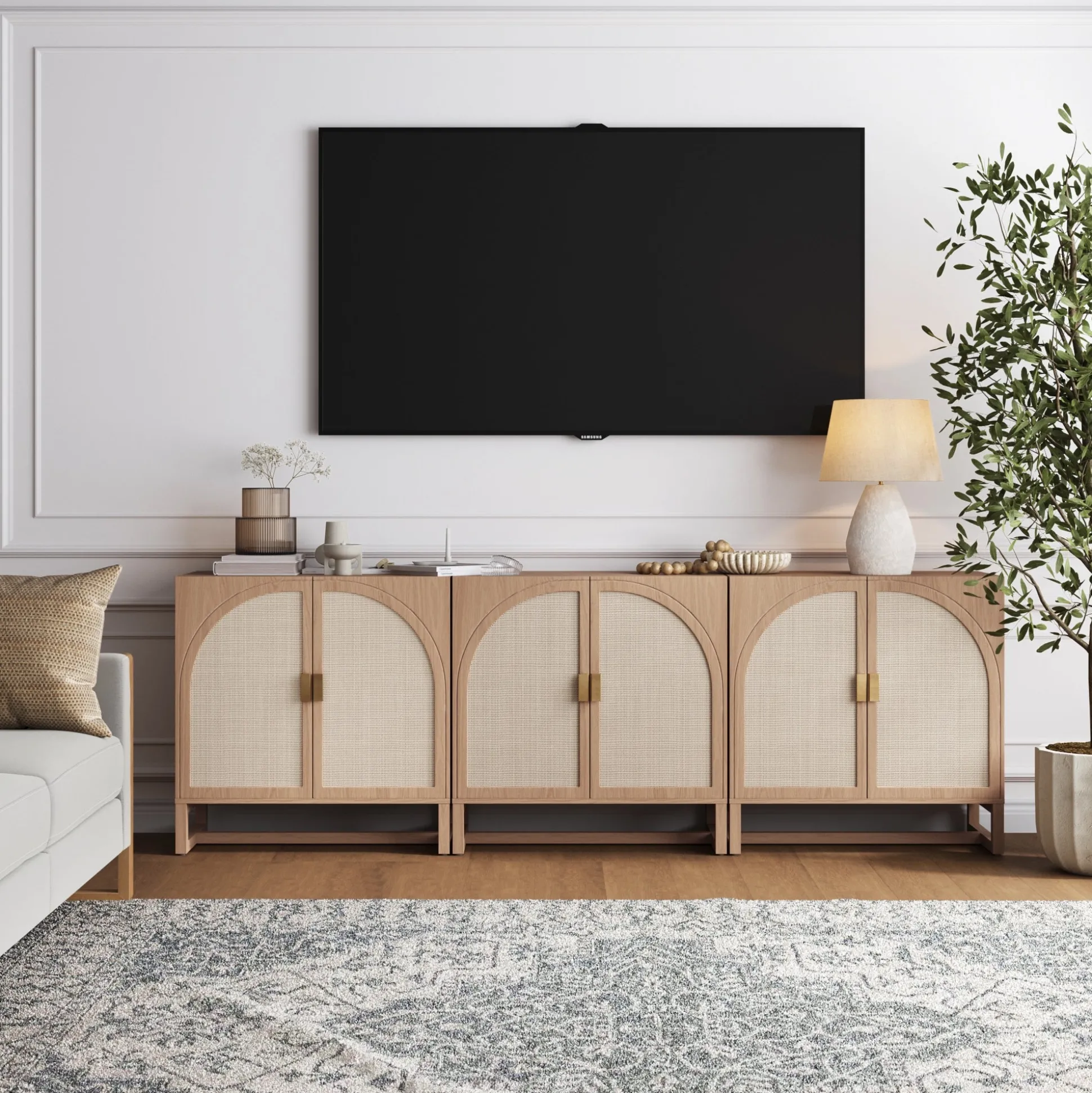 Rattan Arched TV Console Stand for TVs up to 75" Raw Oak