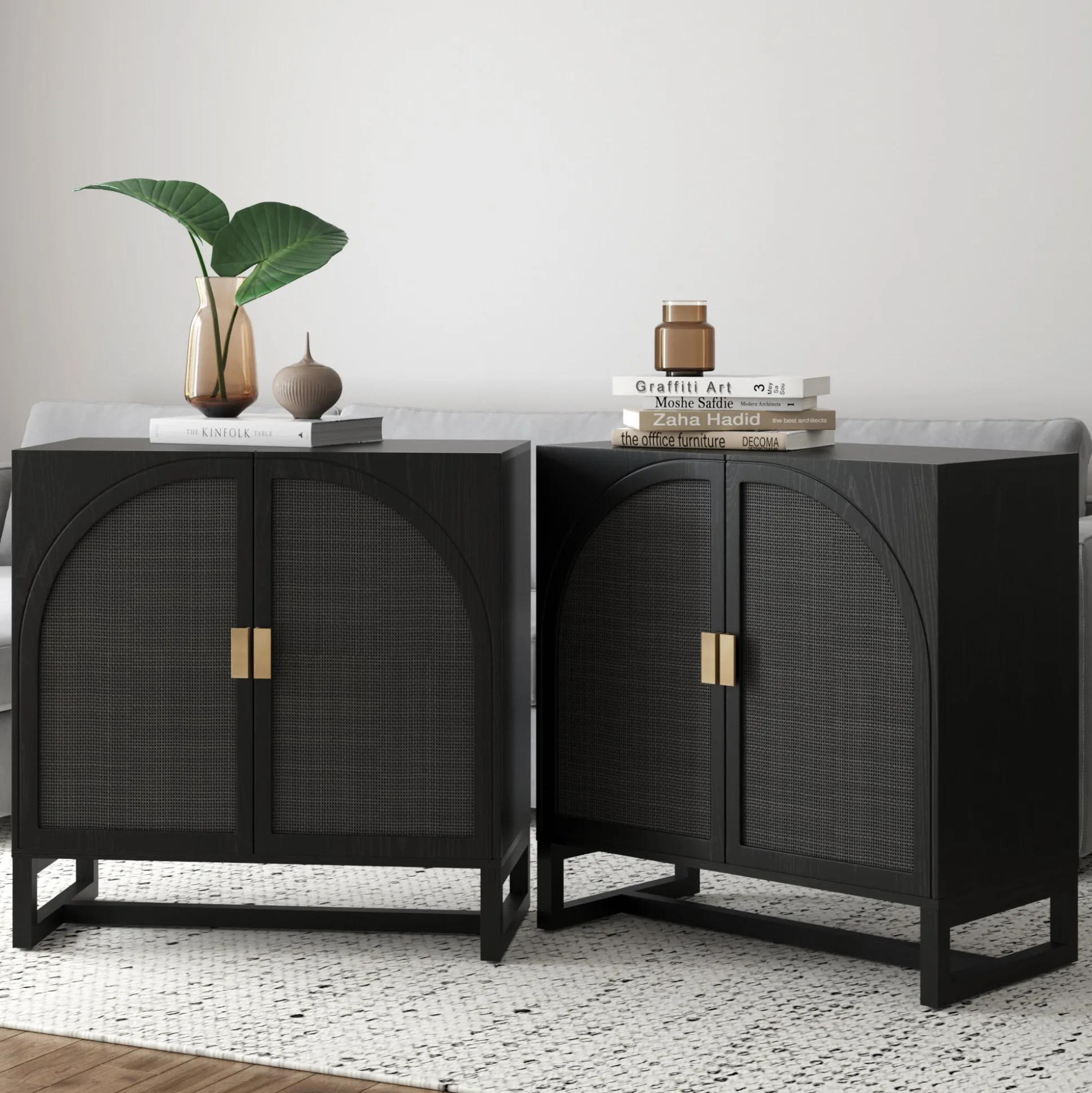 Rattan Arched TV Console Stand for TVs up to 65" Black Rattan
