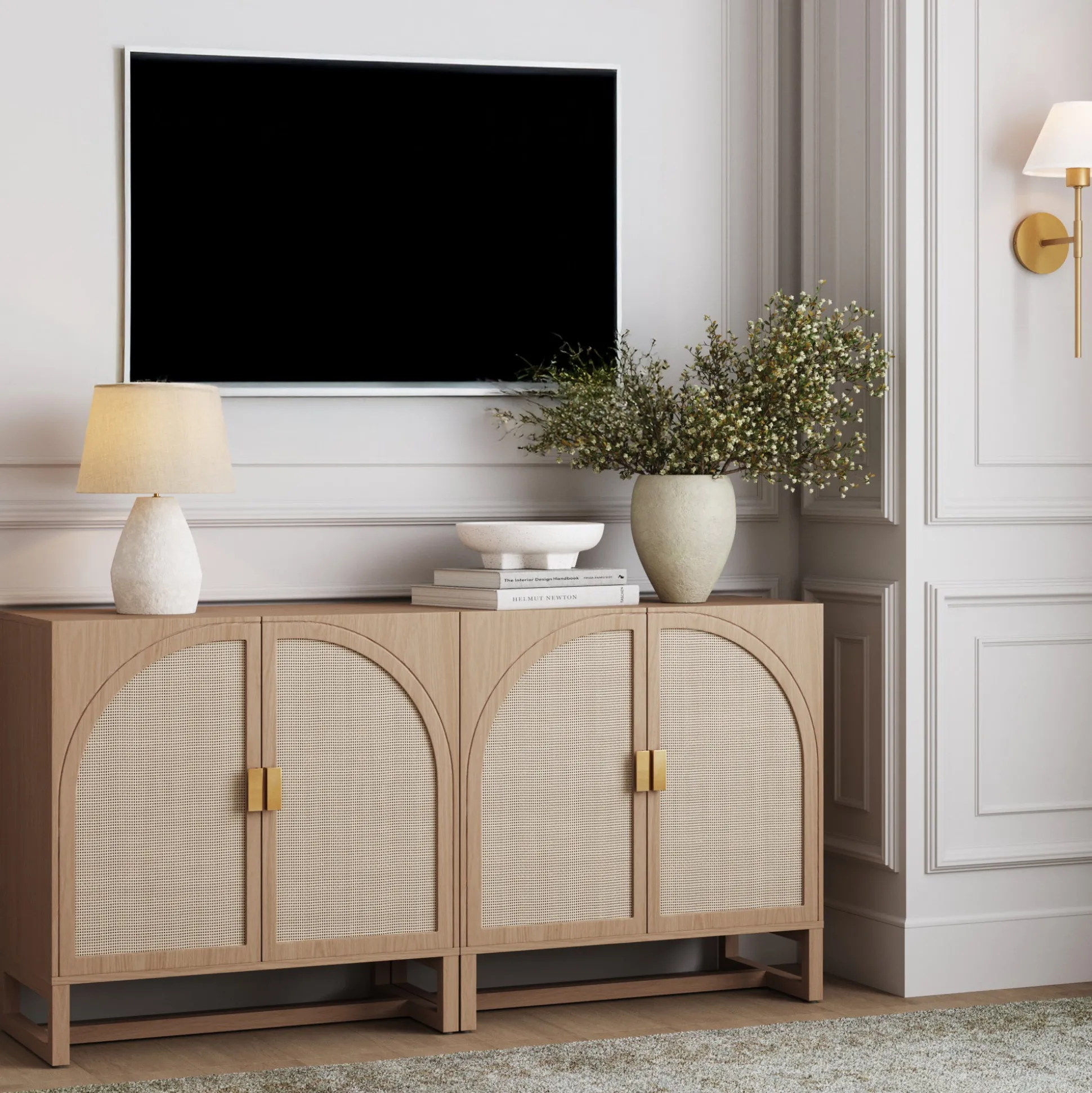 Rattan Arched TV Console Stand for TVs up to 65" Raw Oak