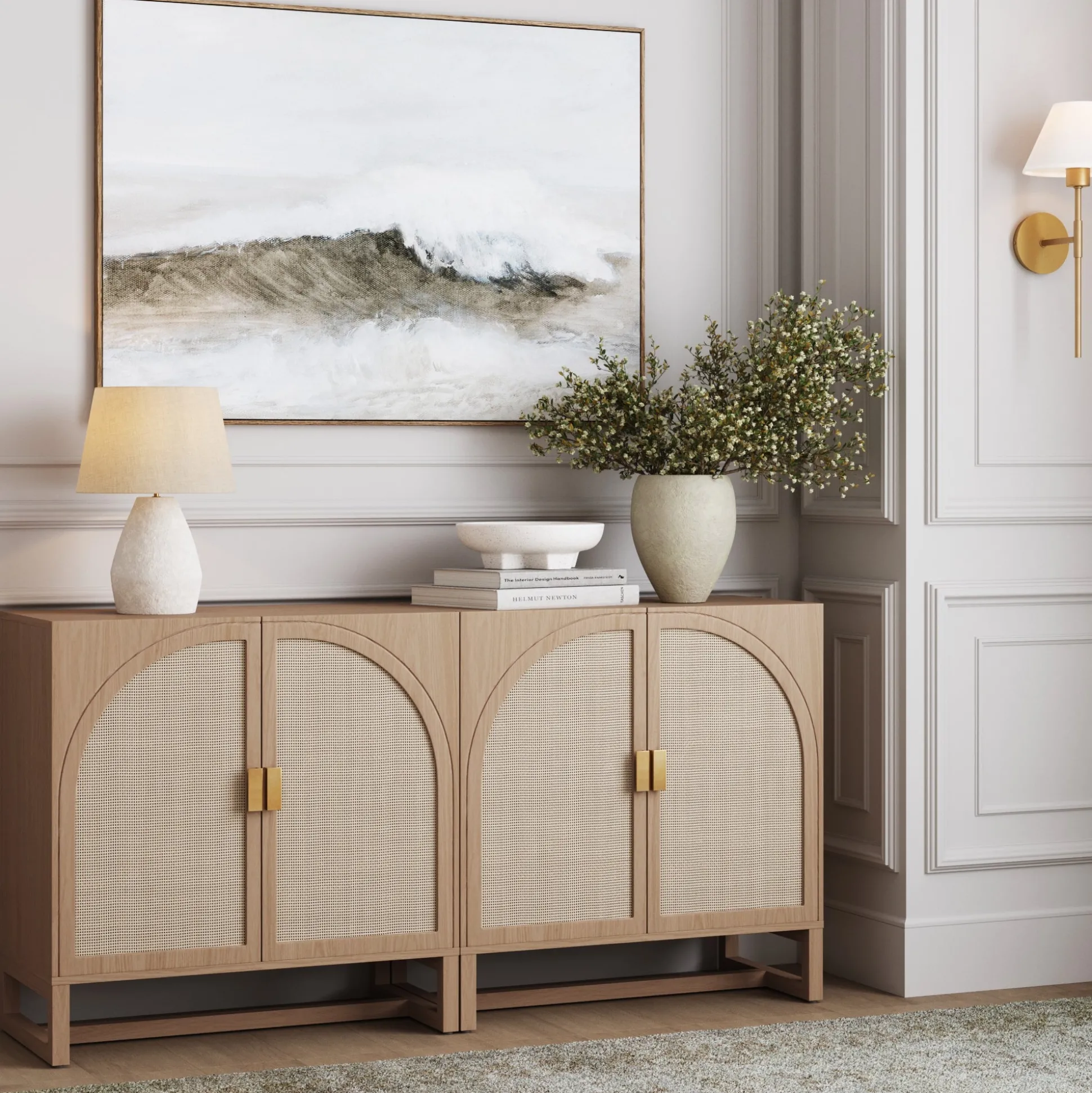 Rattan Arched TV Console Stand for TVs up to 65" Raw Oak