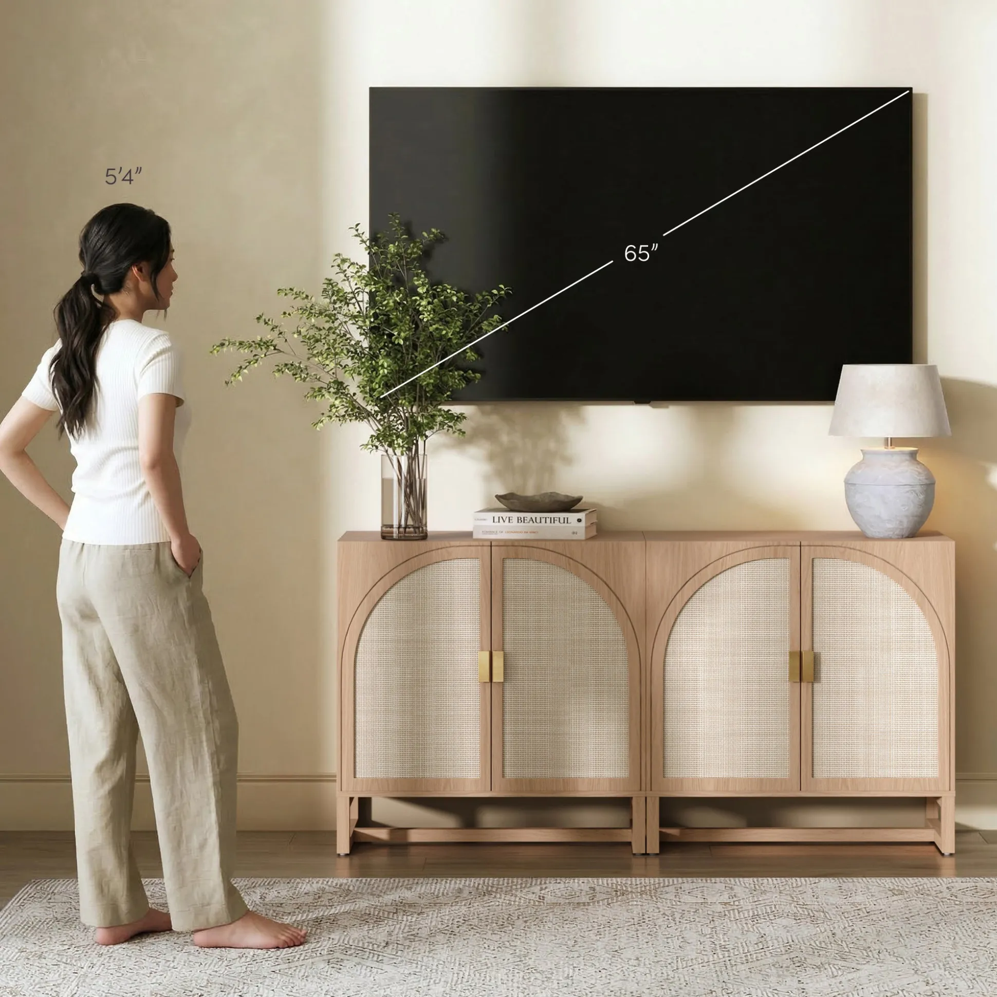 Rattan Arched TV Console Stand for TVs up to 65" Raw Oak