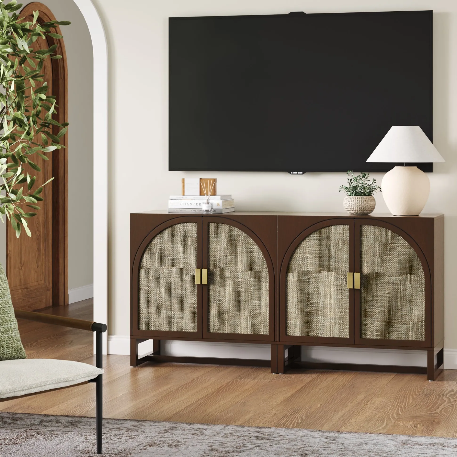 Rattan Arched TV Console Stand for TVs up to 65" Brown