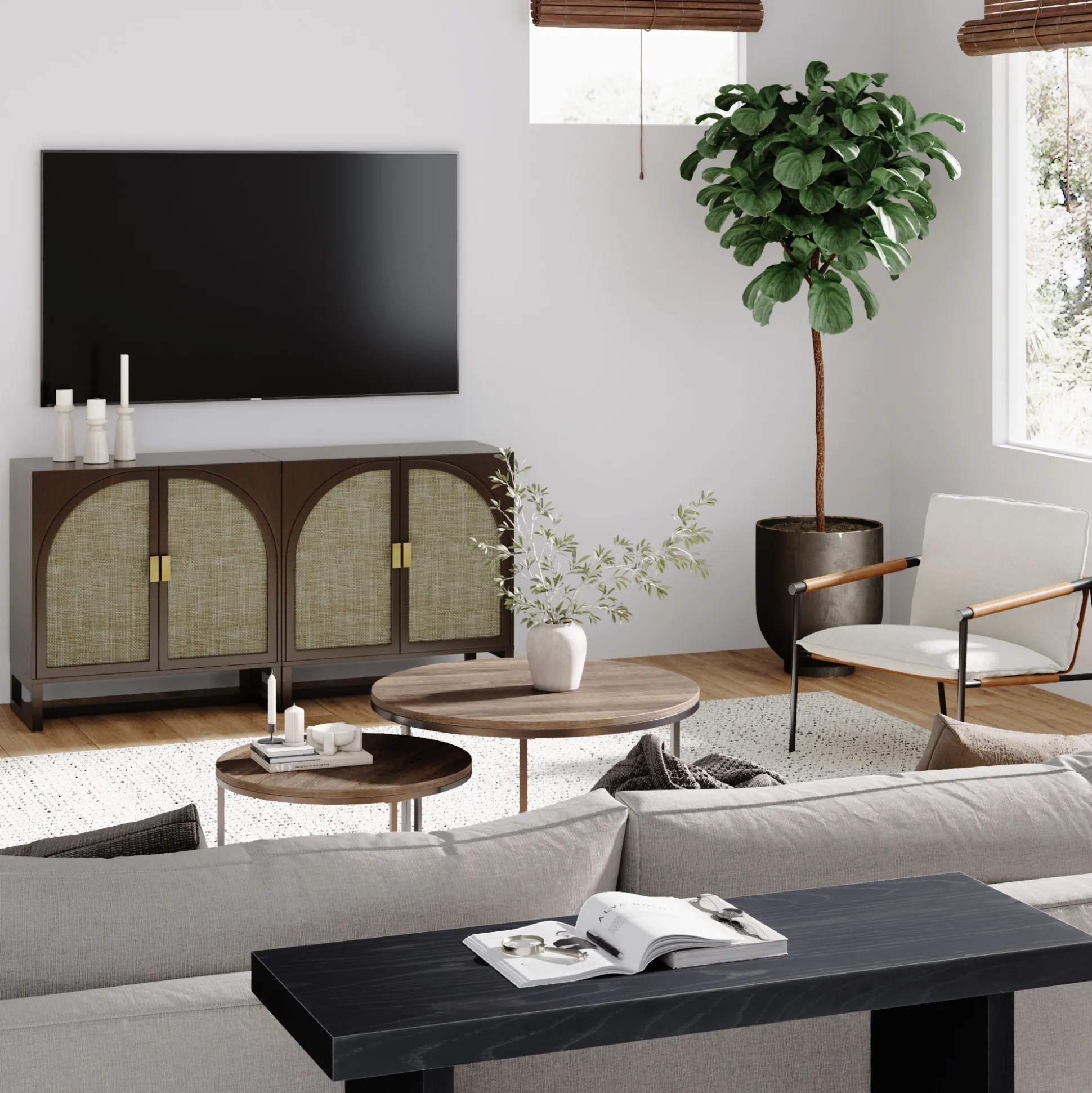 Rattan Arched TV Console Stand for TVs up to 65" Brown