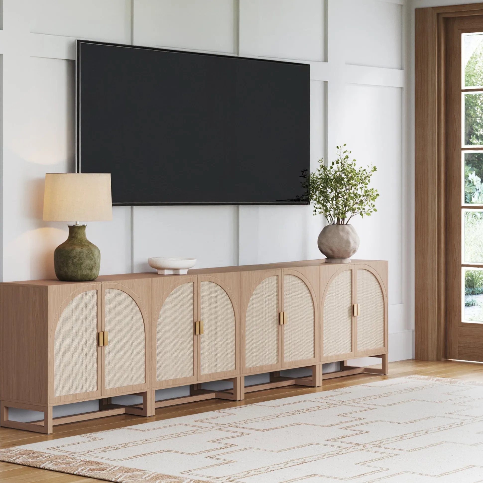 Rattan Arched TV Console Stand for TVs up to 100" Raw Oak