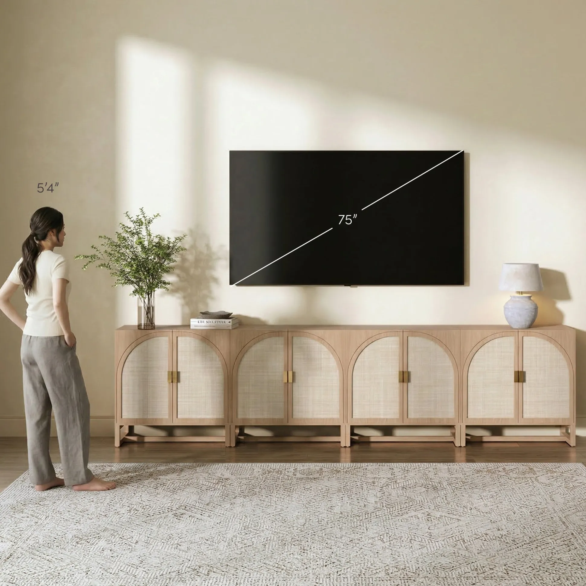Rattan Arched TV Console Stand for TVs up to 100" Raw Oak