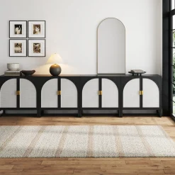 Rattan Arched TV Stand Media Console for TVs u to 100" Black