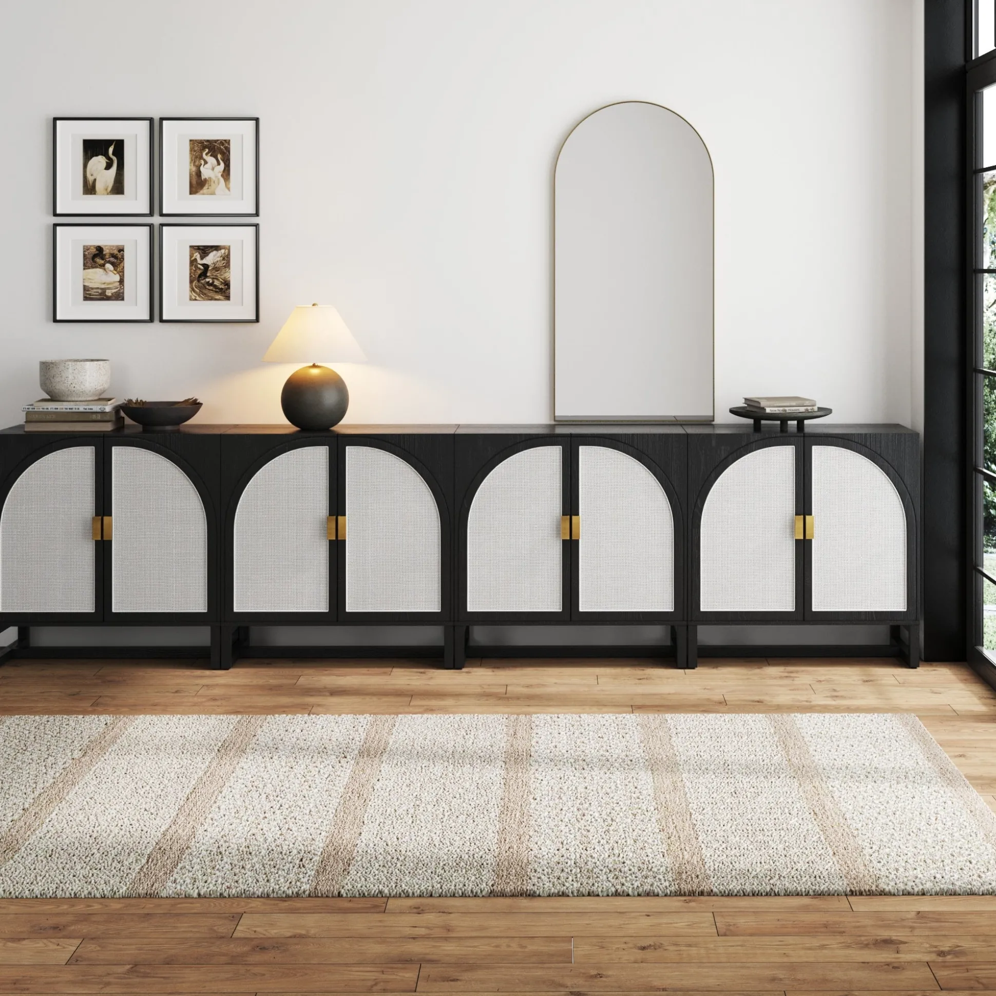 Rattan Arched TV Stand Media Console for TVs u to 100" Black
