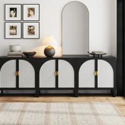 Rattan Arched TV Stand Media Console for TVs up to 75" Black