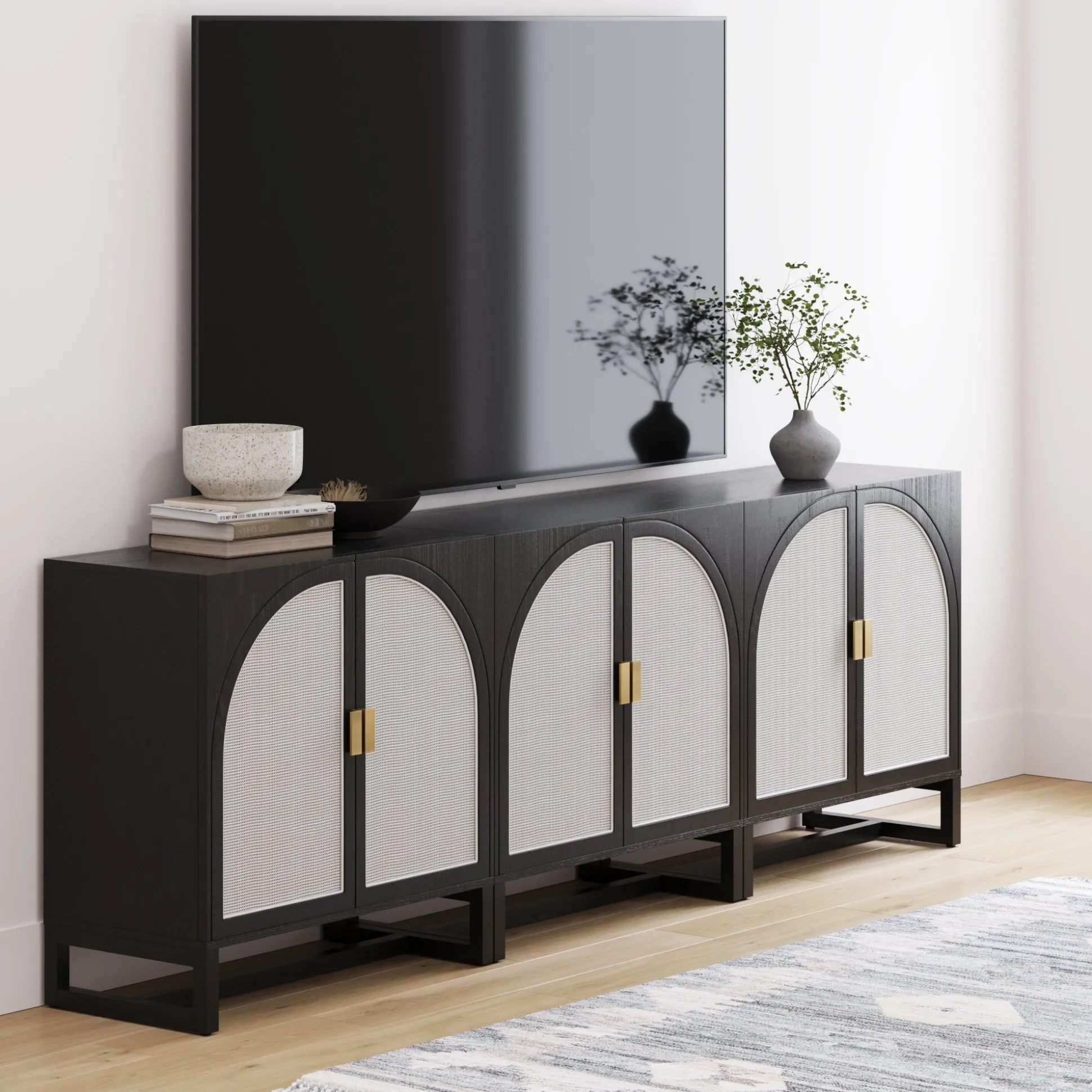 Rattan Arched TV Stand Media Console for TVs up to 75" Black