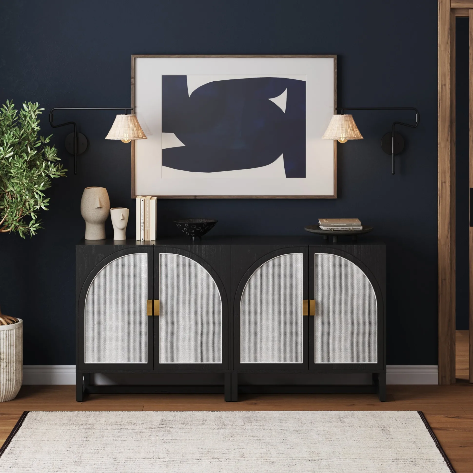 Rattan Arched TV Stand Media Console for TVs up to 65" Black
