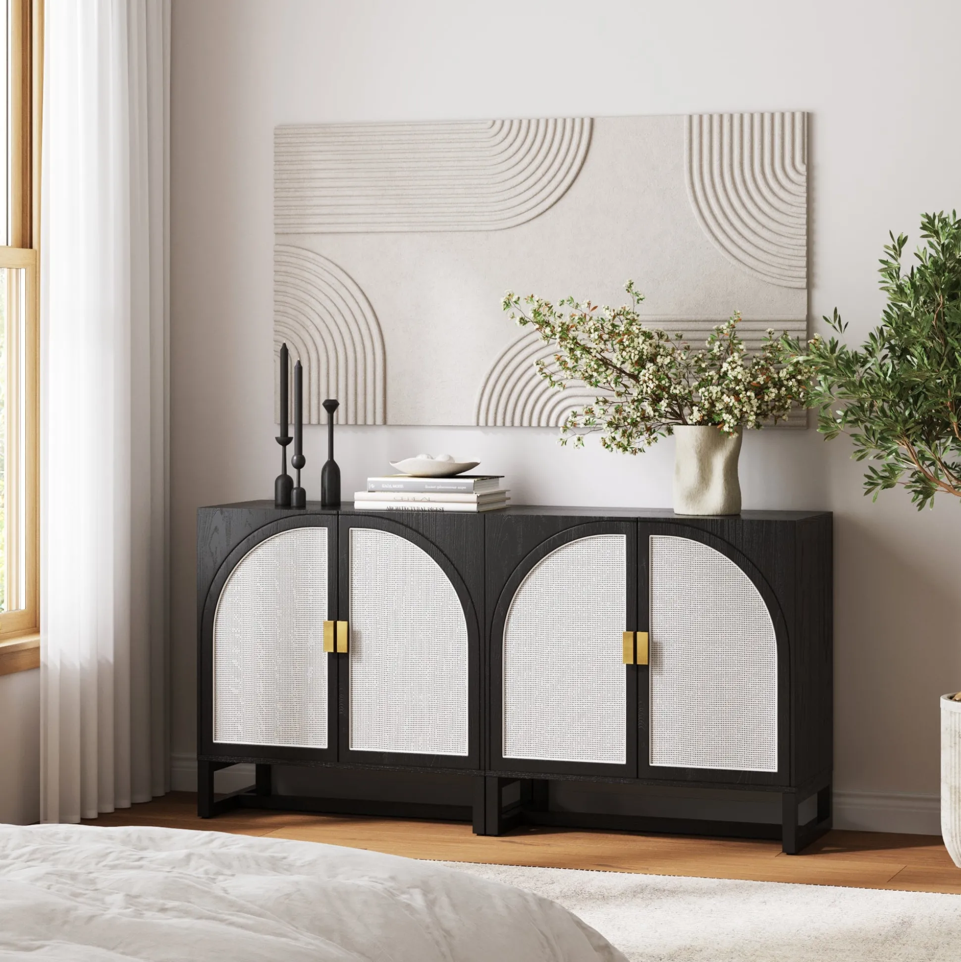 Rattan Arched TV Stand Media Console for TVs up to 65" Black