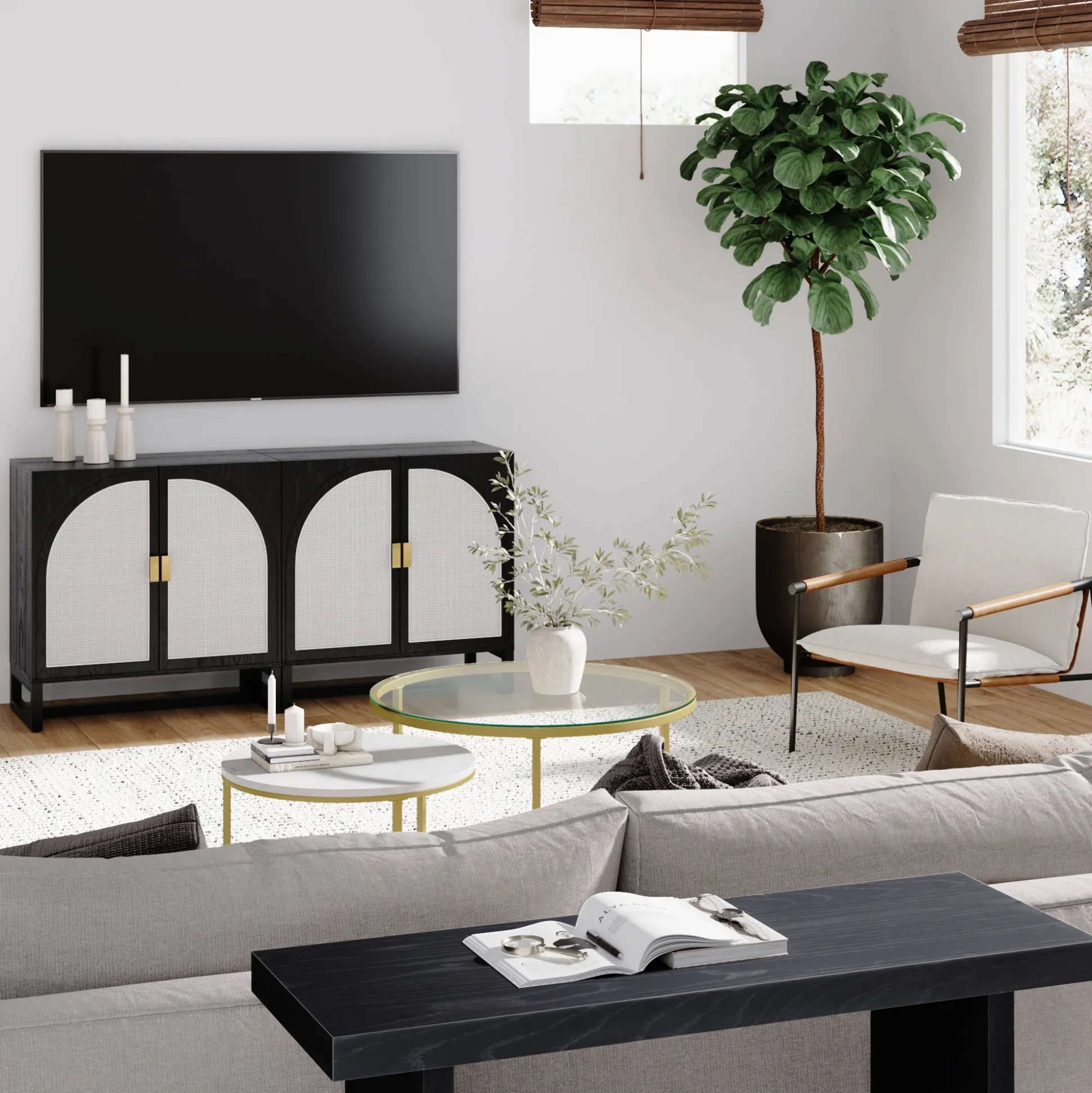 Rattan Arched TV Stand Media Console for TVs up to 65" Black