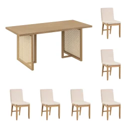 Rattan Boho Dining Set w/ Upholstered Dining Chairs (Set of 6)