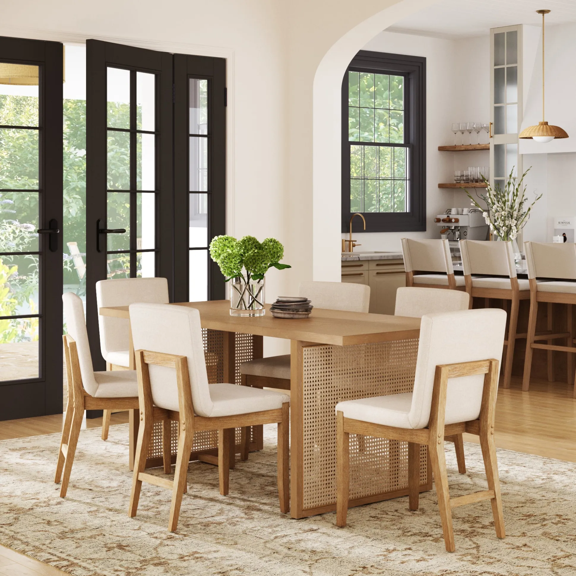 Rattan Boho Dining Set w/ Upholstered Dining Chairs (Set of 6)