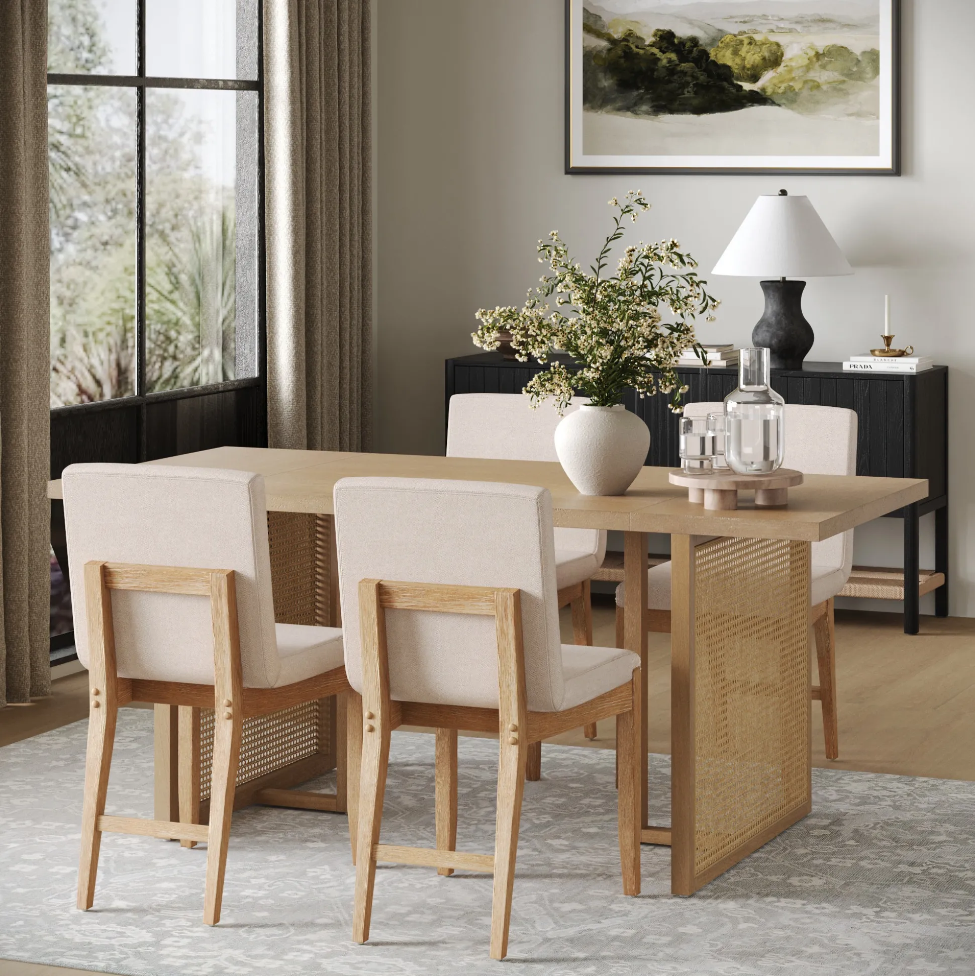 Rattan Boho Dining Set w/ Upholstered Dining Chairs (Set of 4)