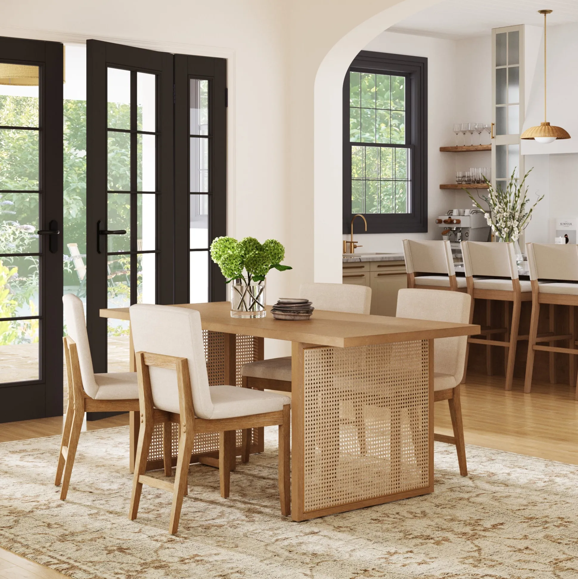 Rattan Boho Dining Set w/ Upholstered Dining Chairs (Set of 4)