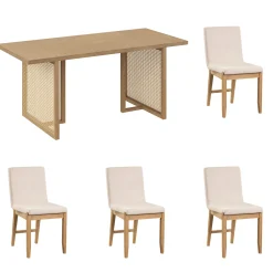 Rattan Boho Dining Set w/ Upholstered Dining Chairs (Set of 4)