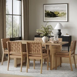 Rattan Boho Dining Table Set of 6 w/ Faux Leather Chairs