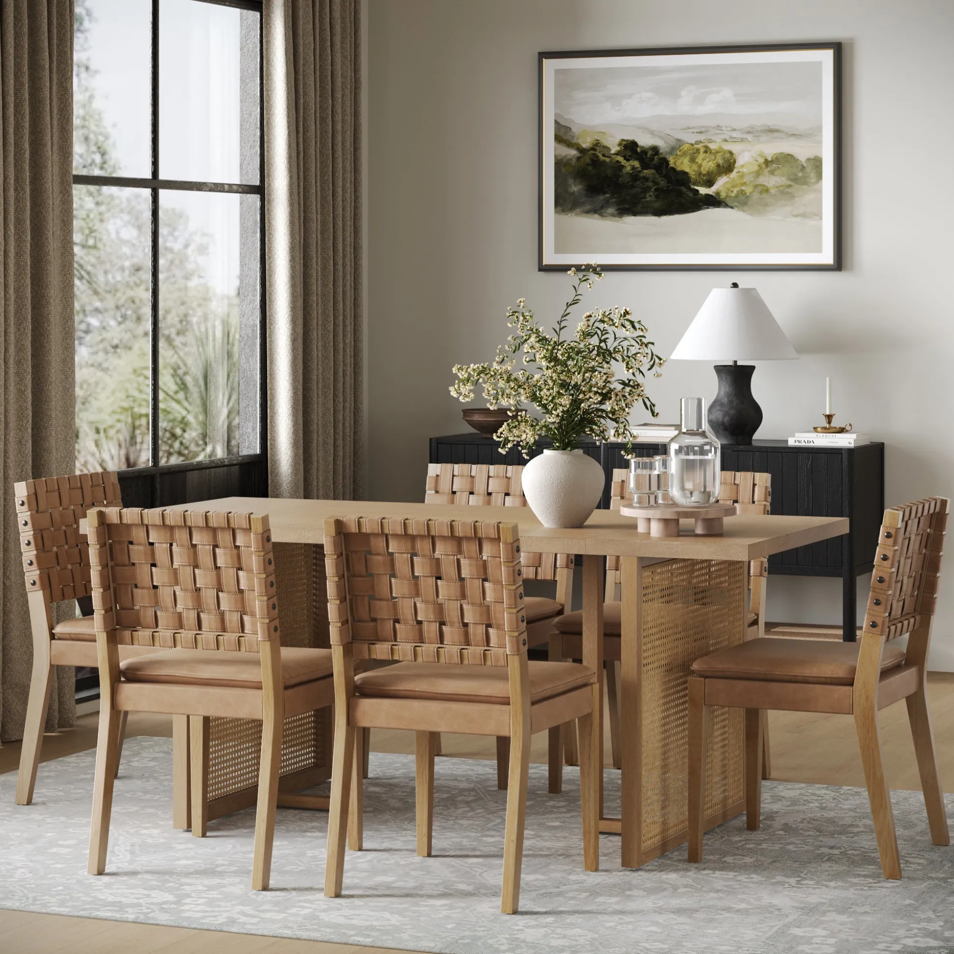 Rattan Boho Dining Table Set of 6 w/ Faux Leather Chairs