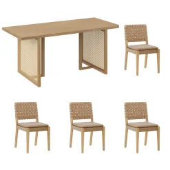 Rattan Boho Dining Table Set of 4 w/ Faux Leather Chairs