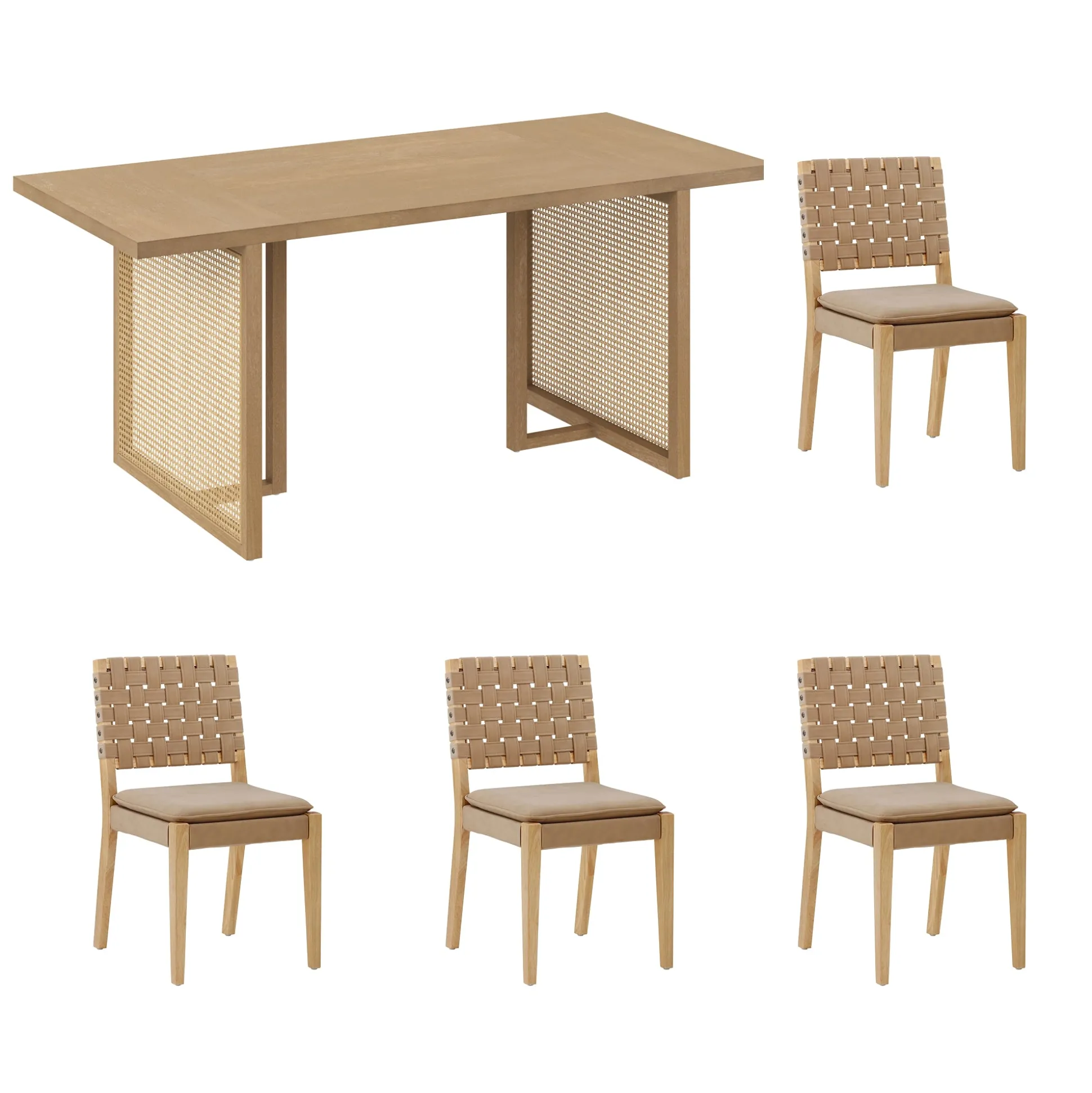 Rattan Boho Dining Table Set of 4 w/ Faux Leather Chairs
