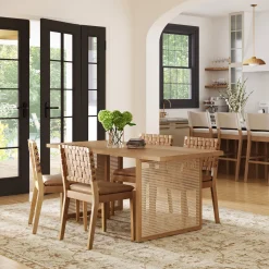 Rattan Boho Dining Table Set of 4 w/ Faux Leather Chairs
