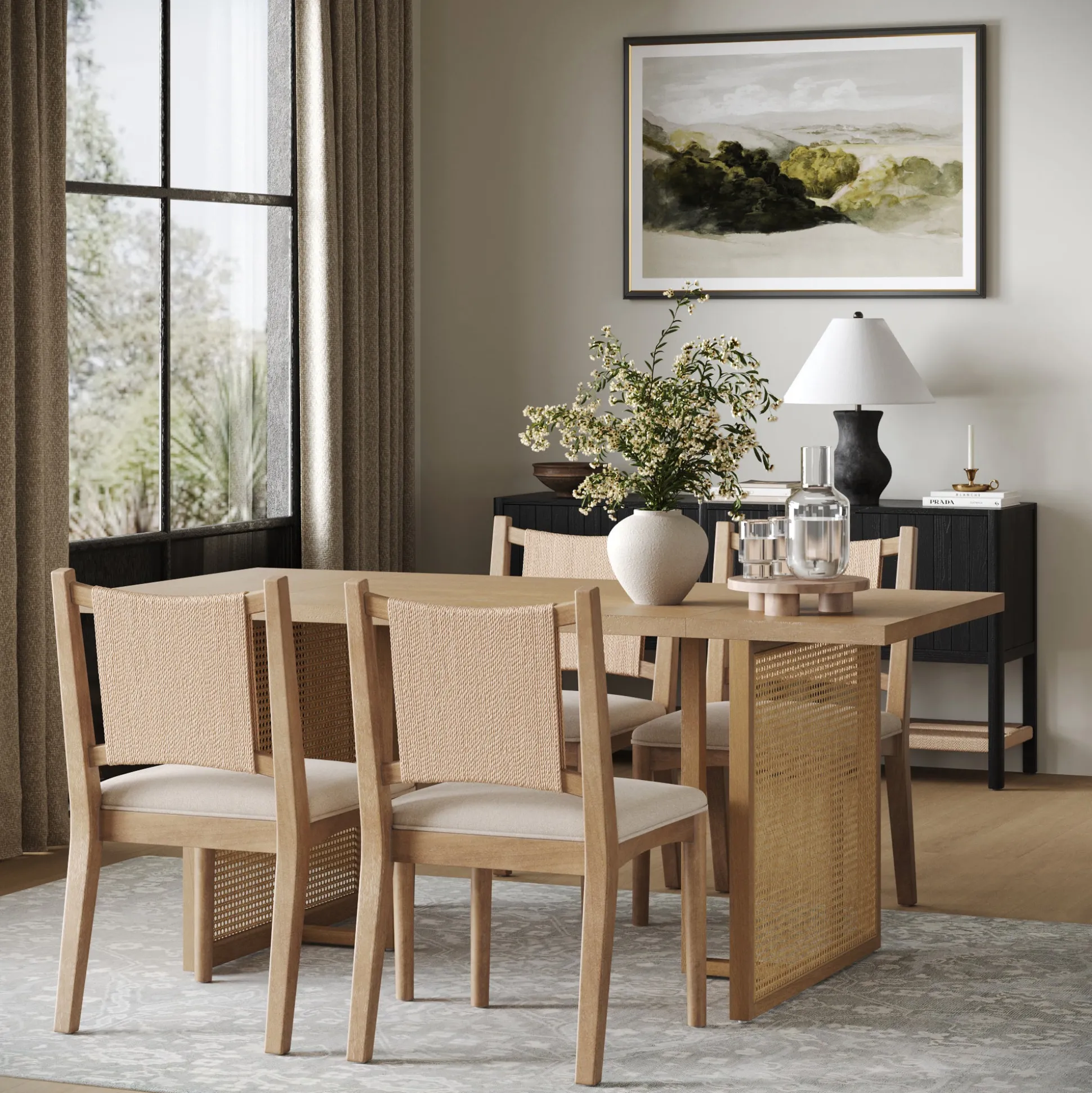 Rattan Boho Dining Table with Seagrass Chairs Set of 4
