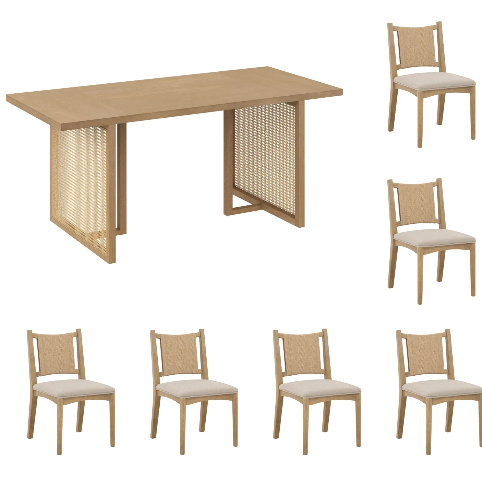 Rattan Boho Dining Table with Seagrass Chairs Set of 6