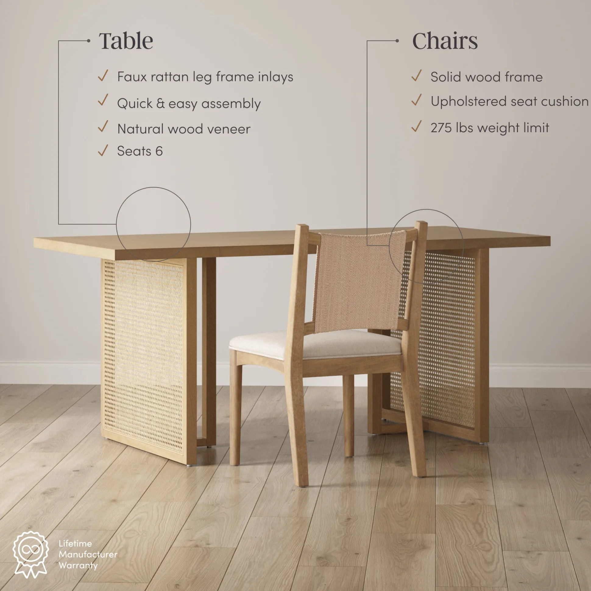 Rattan Boho Dining Table with Seagrass Chairs Set of 6
