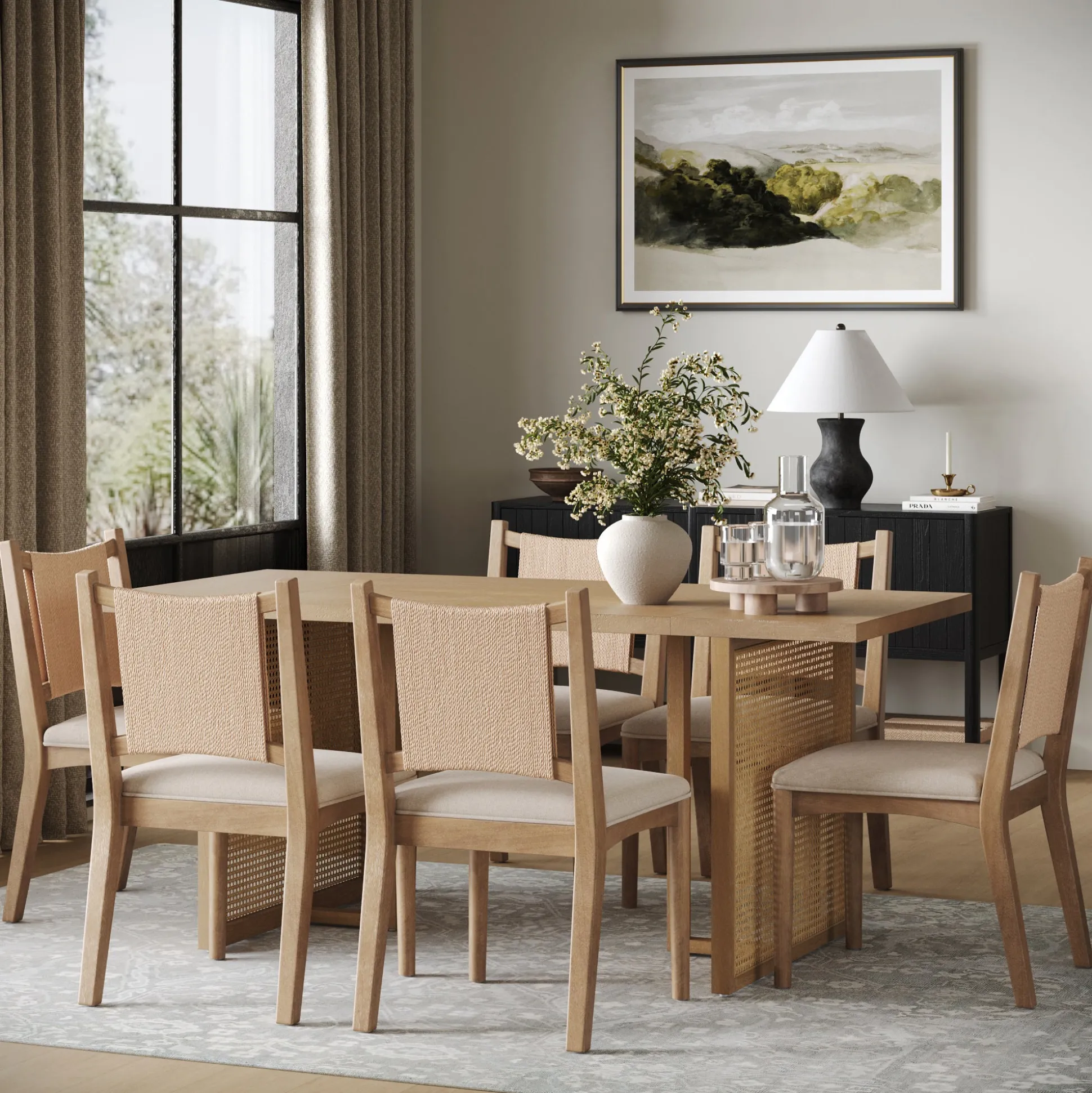 Rattan Boho Dining Table with Seagrass Chairs Set of 6