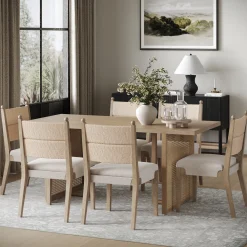 Rattan Dining Table with Flax Upholstered Chairs Set of 6