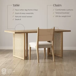 Rattan Dining Table with Flax Upholstered Chairs Set of 4