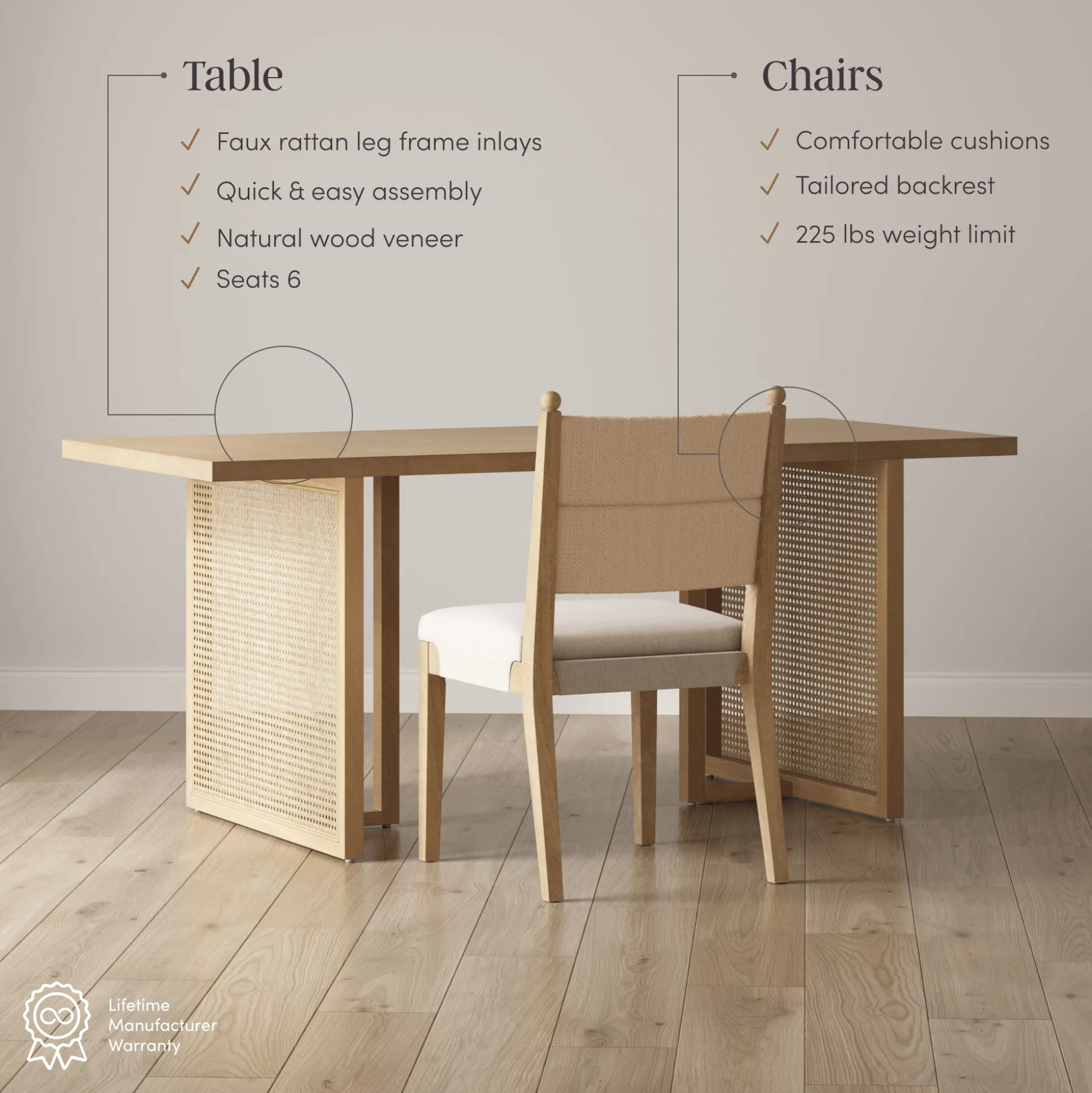 Rattan Dining Table with Flax Upholstered Chairs Set of 4