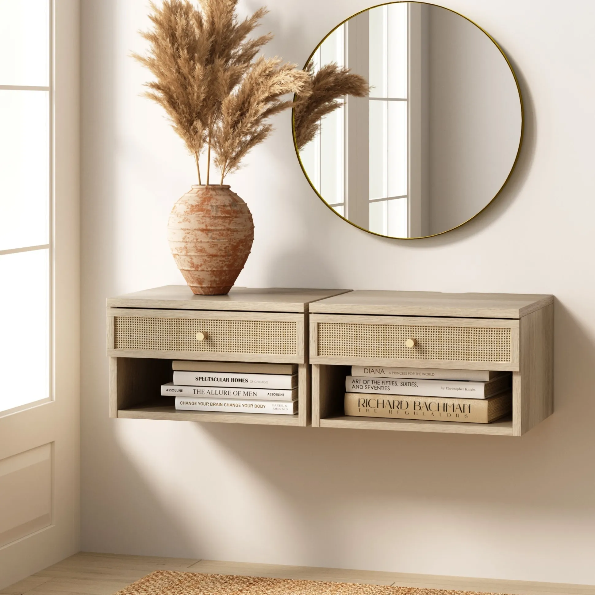 Rattan Floating Nightstand Light Oak (Set of 2)