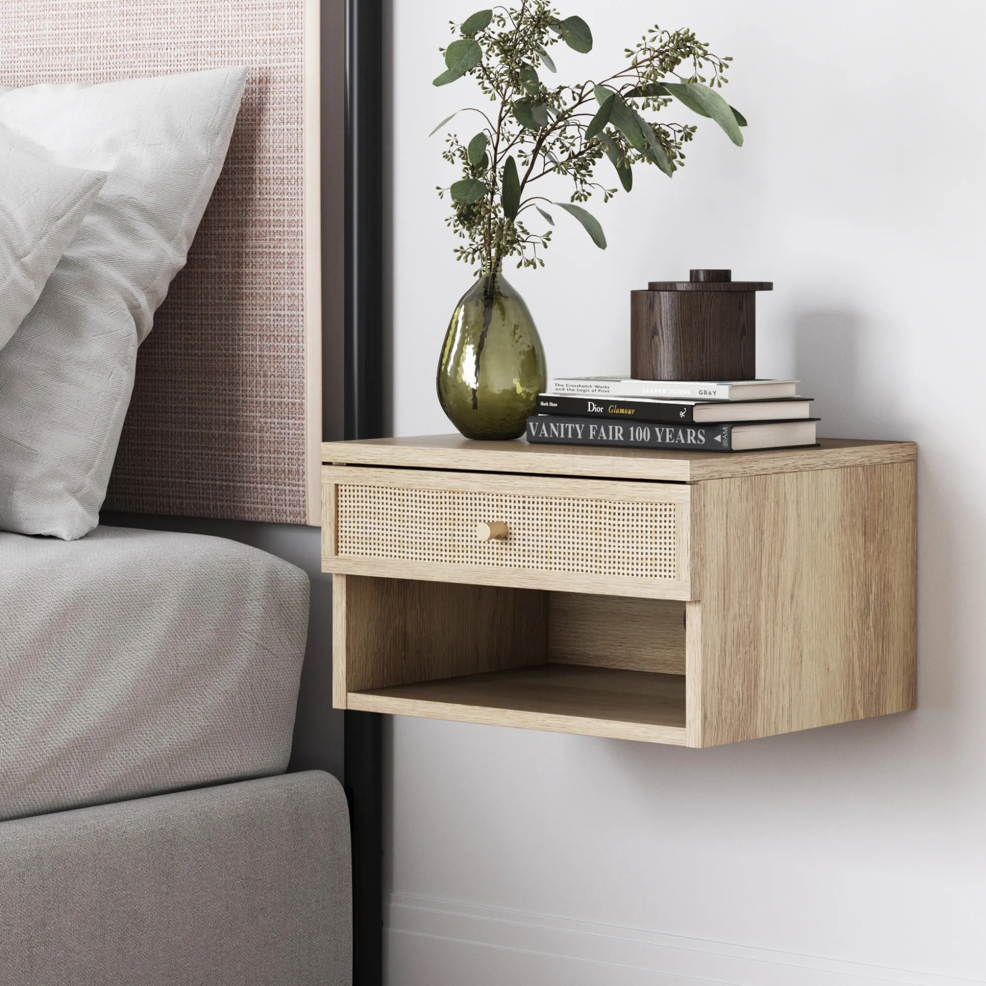 Rattan Floating Nightstand Light Oak (Set of 2)
