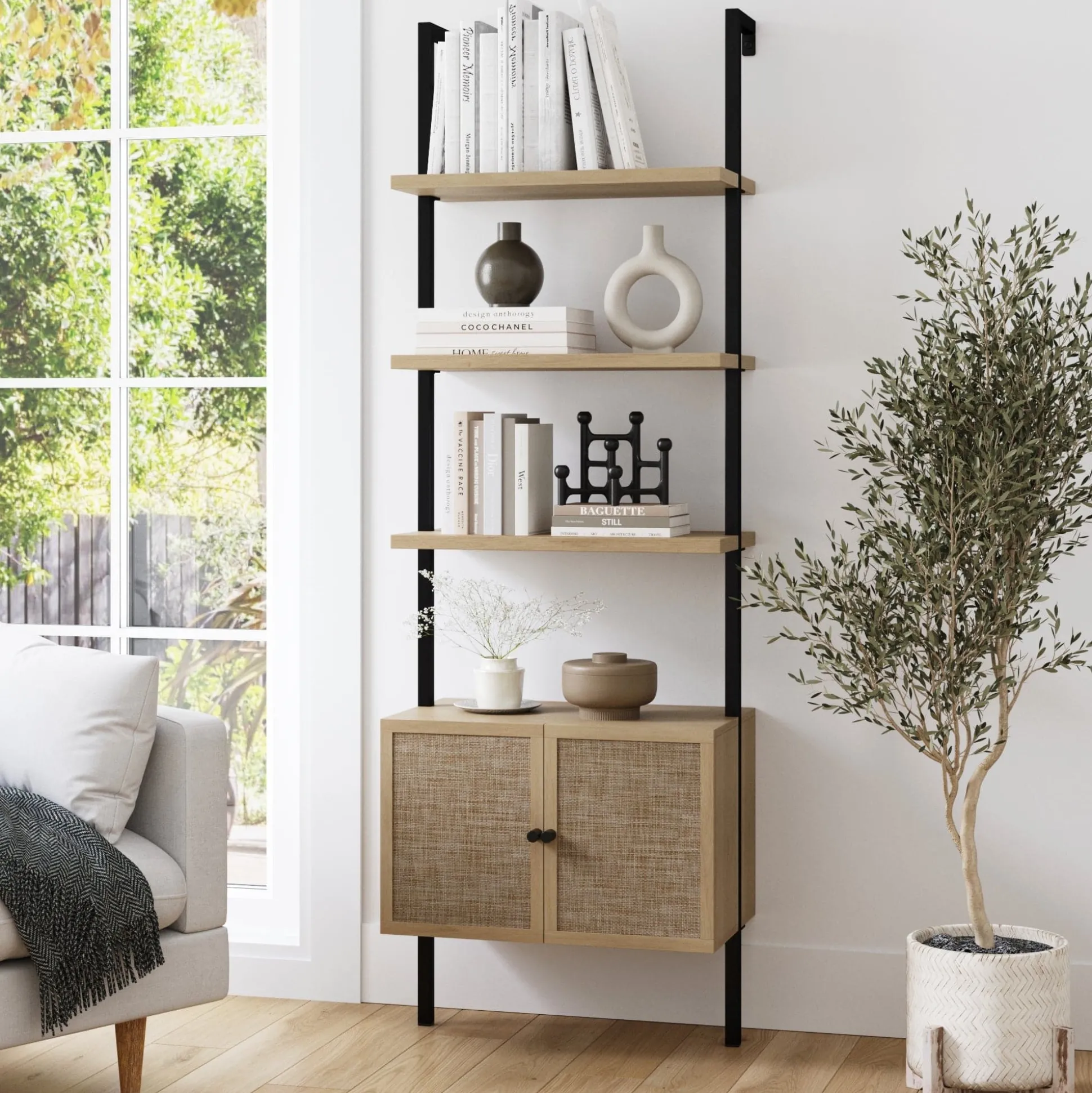Rattan Ladder Storage Bookshelf with Doors Light Oak